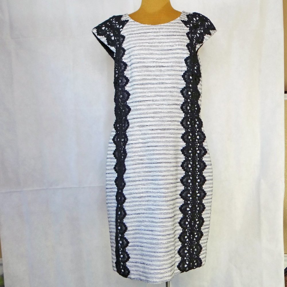 Antonio Melani Navy Blue & White Wendy Lace Overlay Sheath Dress Tweed Size 14 - Picture 2 of 11